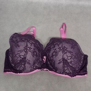 Victoria's Secret Dream Angels Demi Bra 36DD Purple Pink Lined Floral Lace